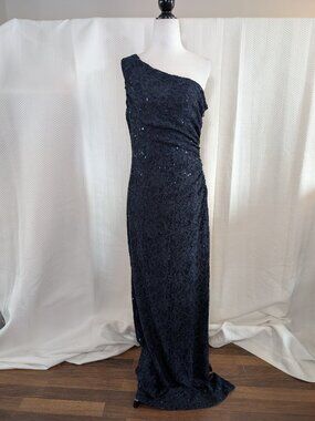 Lauren Ralph Lauren Evening Navy One‑Shoulder Lace Sequin Gown Ruched Size 12